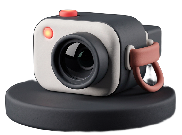 A rounded clay camera with its coral recording light on