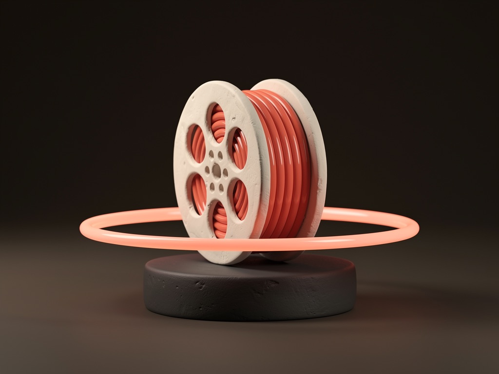 A clay film reel inside a ring of coral light